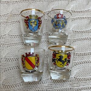European Crest Shot Glasses Stuttgart/Baden-Baden/St.Moritz/Ludwigsburg gold rim